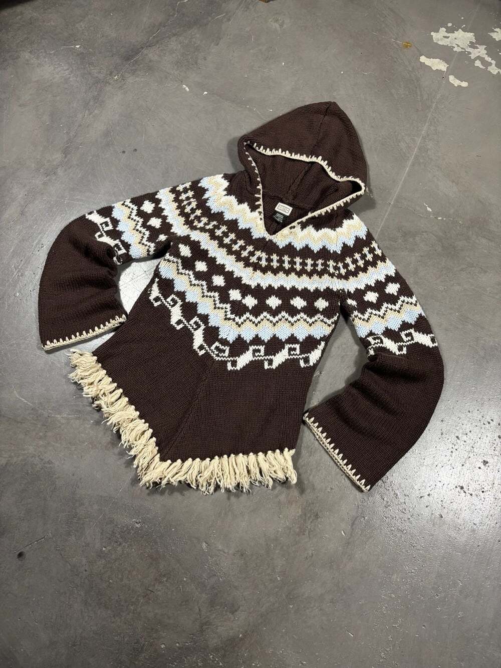 Arizona Jean Company Women's Fair Isle Knit Hooded Poncho Sweater with Fringe